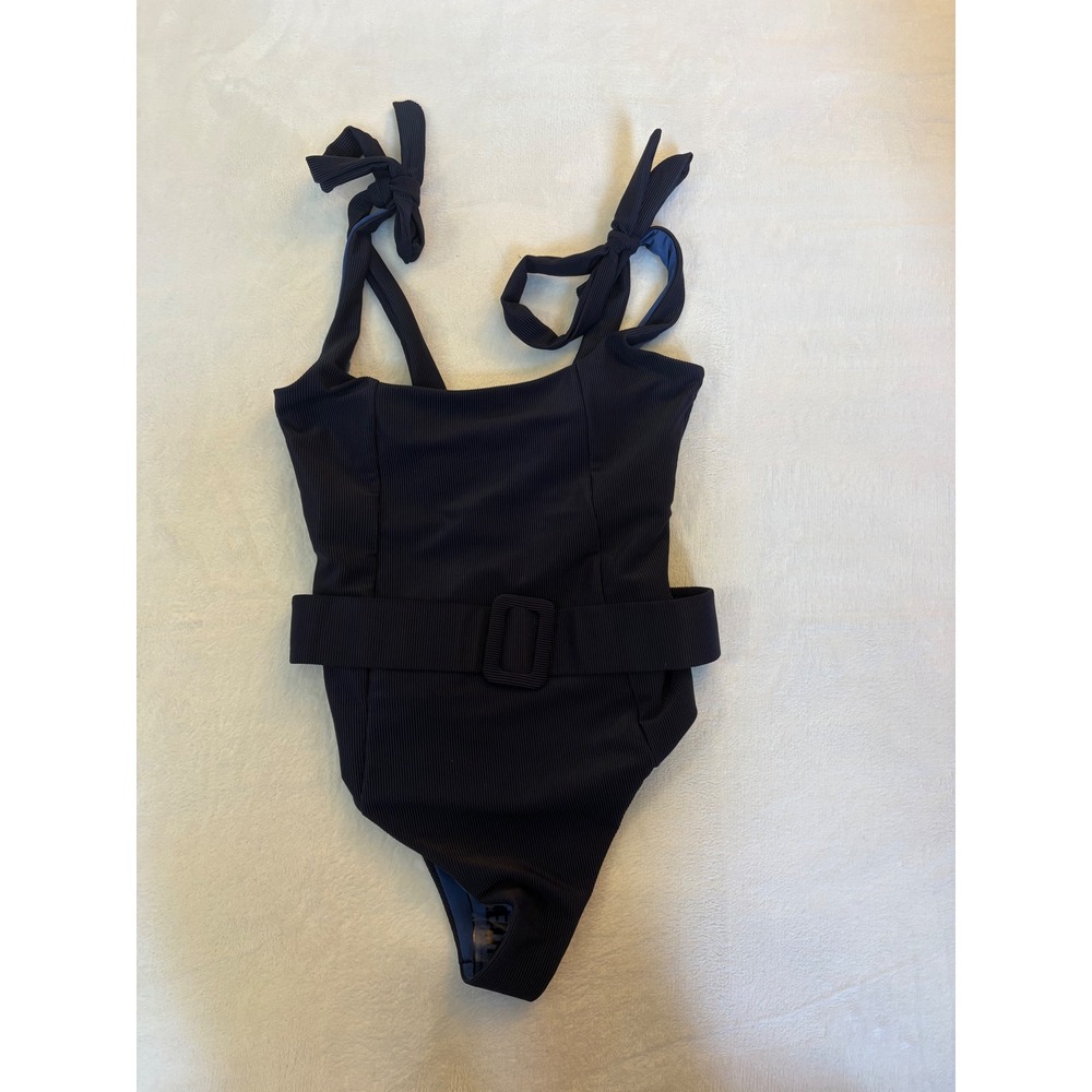 Beach Riot Ribbed Belted One Piece Swimsuit Navy Blue Tie Shoulder Large